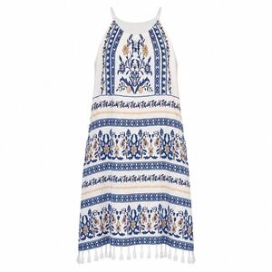 Skies are Blue Embroidered Halter Sundress Small Petite White Blue Knee-Length